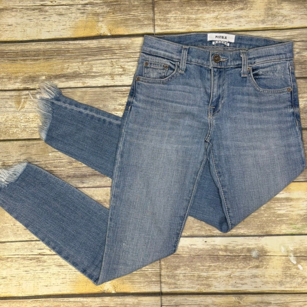 Pistola Medium Wash Raw Hem Hippie Boho Skinny Crop Ankle Jeans Womens Sz 24‎